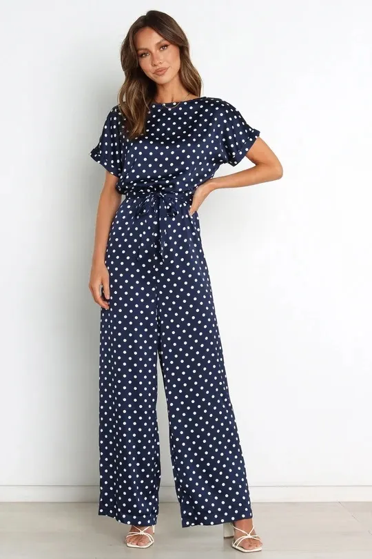 Women's Round Neck Short Sleeve Polka Dot Printed Lace Up Waist tight Jumpsuit - Shop at LoveMi
