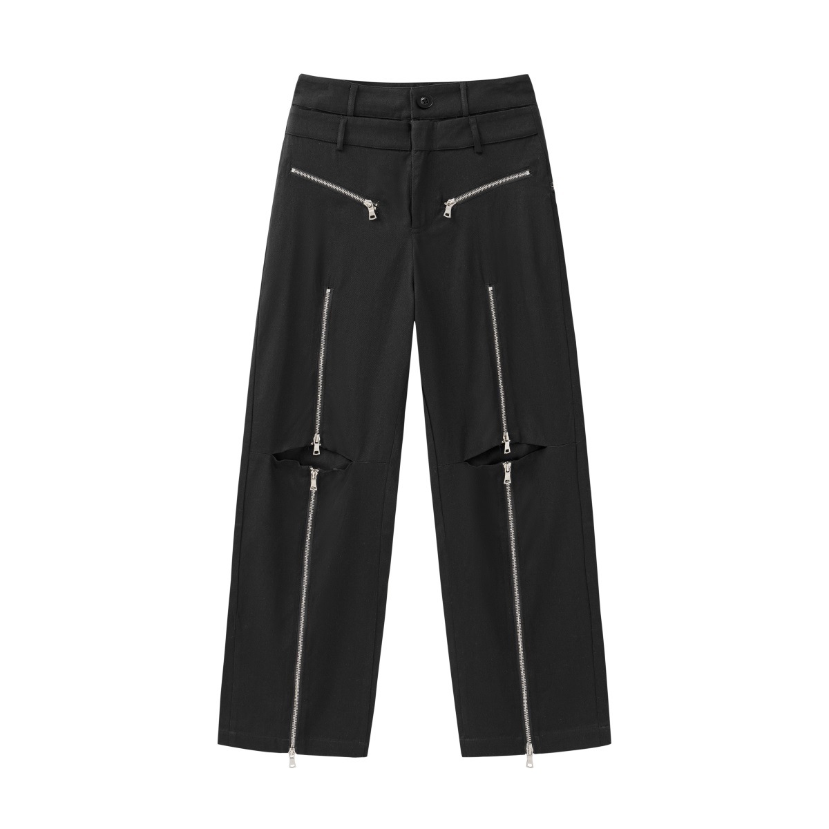Zipper Design Double Waist Head Color Matching Ripped Wide-legged Trousers