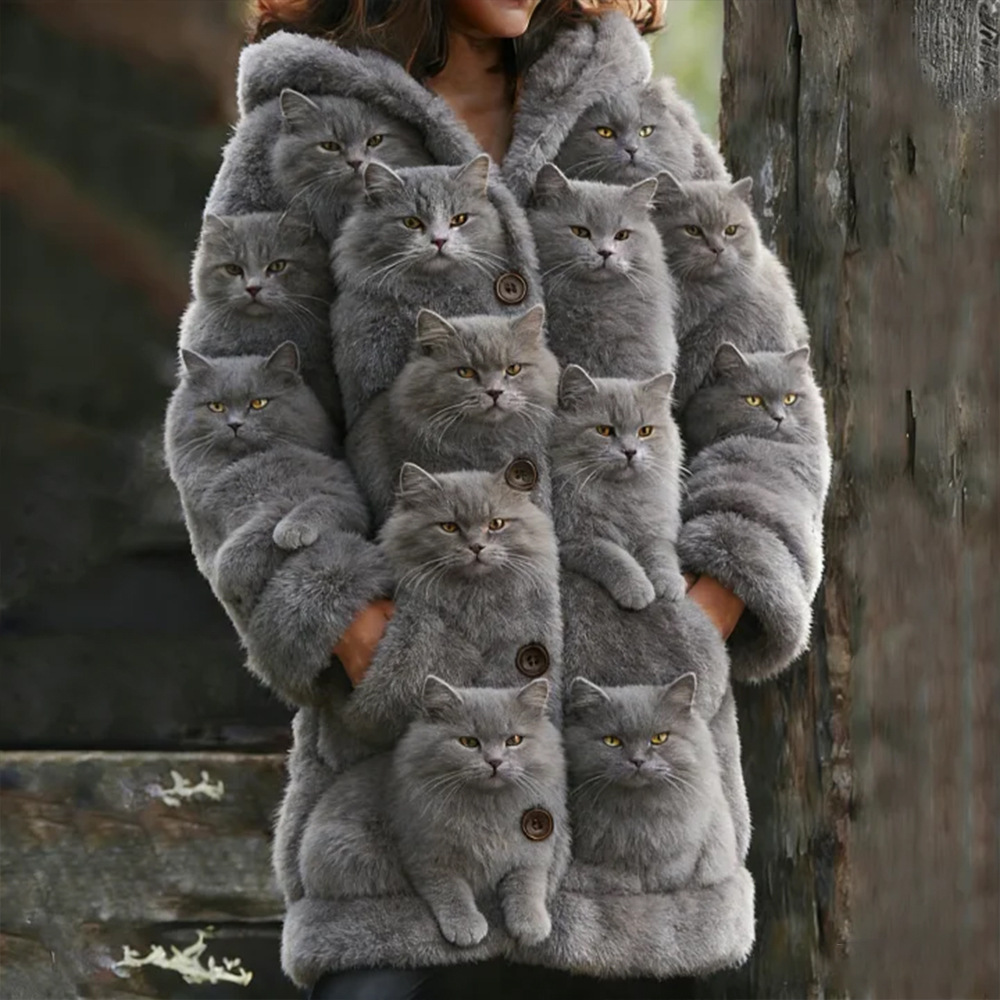 Casual 3D Cat-Print Hoodie Cloak Coat