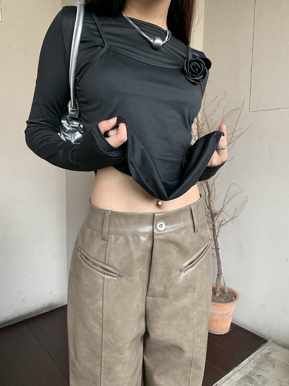 Women's Autumn And Winter PU Texture Casual Pants