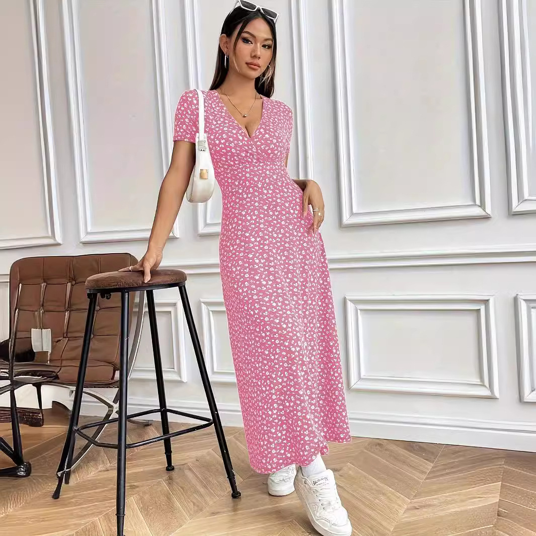 V-neck Short Sleeve Slim Fit Floral Elegant Dress