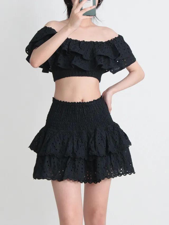 Seaside Vacation Style Two piece Collar Short Ruffled Shirt High Waist Skirt Outfit Black - Shop at LoveMi