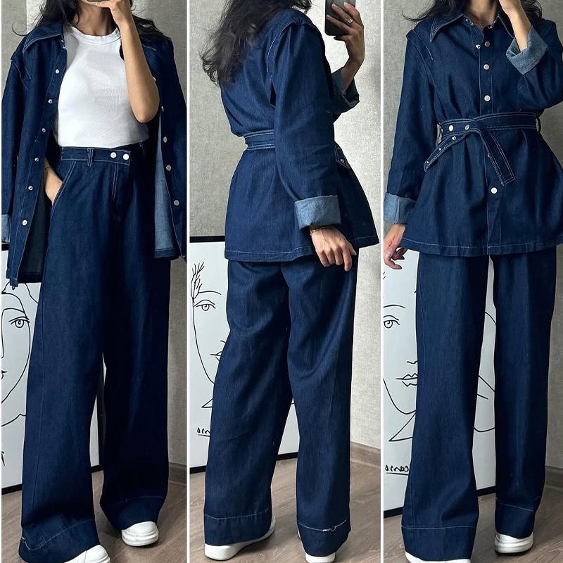 Womens Long-Sleeve Denim Jacket And Wide-Leg Jeans Two-Piece Set