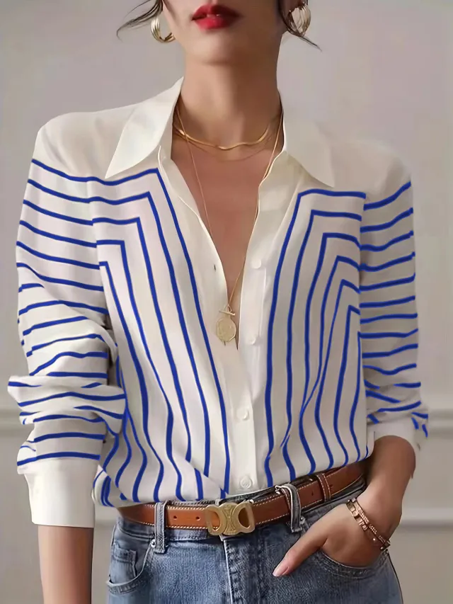 Autumn Striped Shirt Women's Long Sleeve Loose Silk Top Blue - Shop at LoveMi