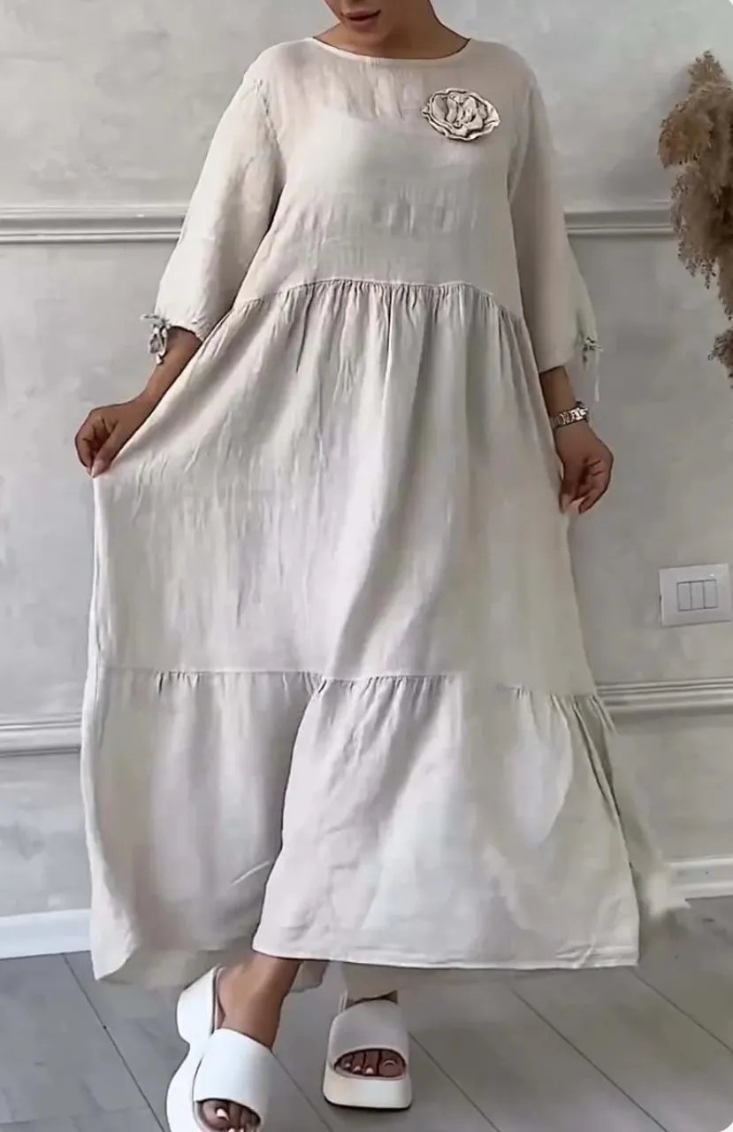 Women's Round Neck Pleated Long Sleeve Casual Dress - Beige