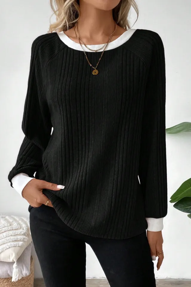 Long Sleeve Solid Color Rib Sunken Stripe Long Sleeve Sweater Black - Shop at LoveMi