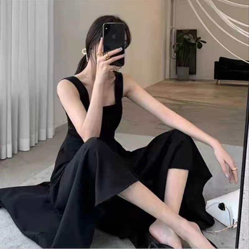 Super-fairy Spaghetti-strap Women's Loose Slimming Hepburn Wind Black Skirt