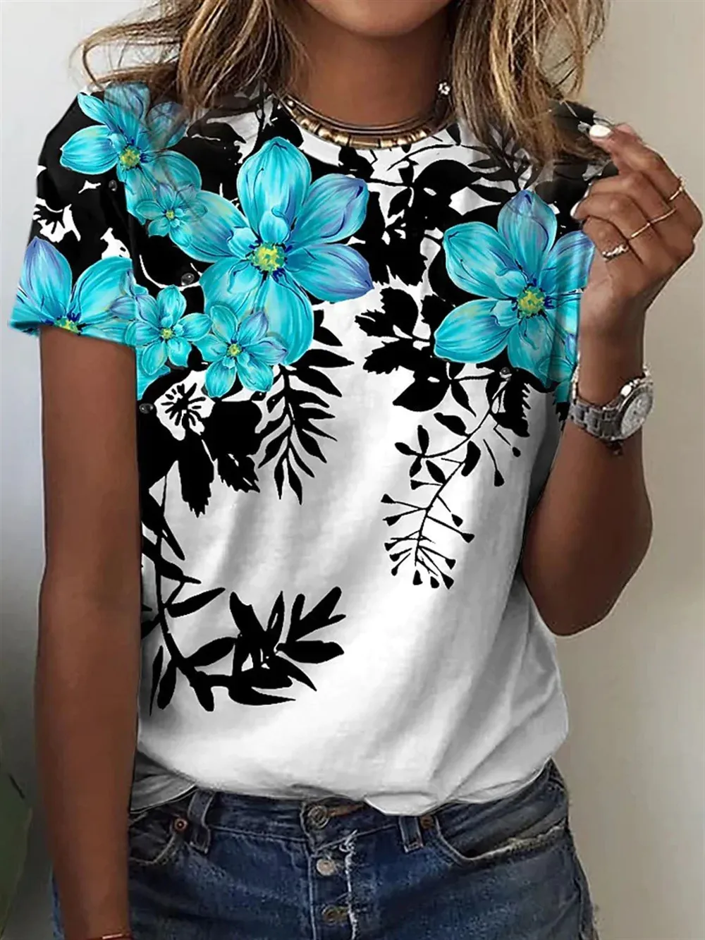 Women's Cotton-like 3D Printed Round Neck Short-sleeved T-shirt - Rgb232814W-Xs