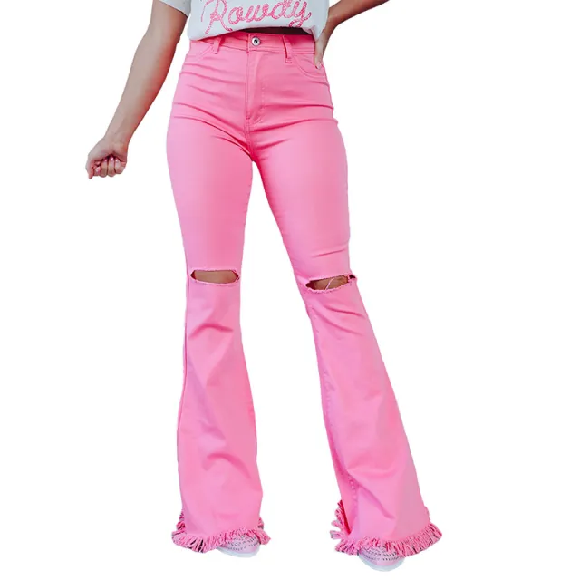Ripped Bell bottom Fashion Solid Color High Waist Slimming Pants Pink - Shop at LoveMi