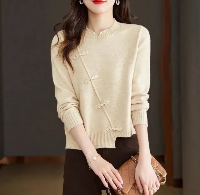 Red Thickened Knit Sweater New Irregular Temperament Flower Beige - Shop at LoveMi