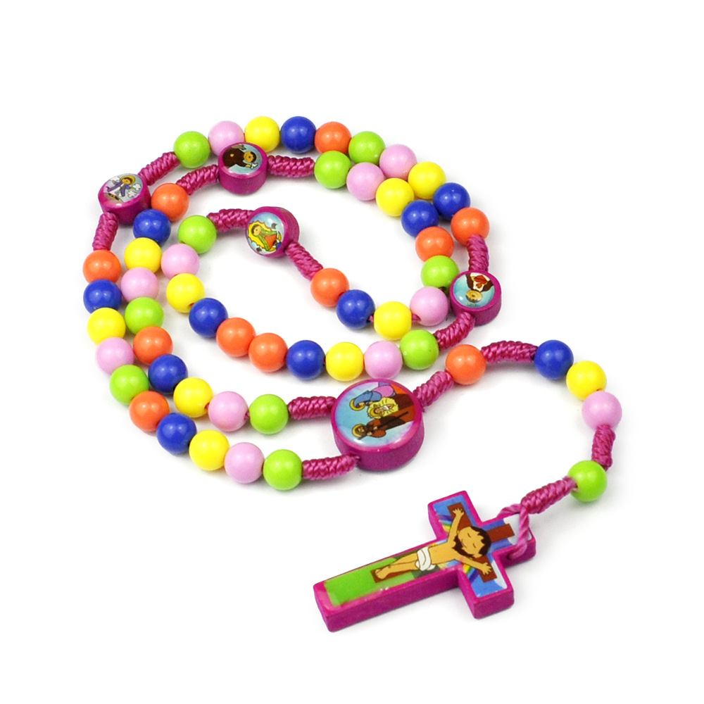 Colorful Round Beads Hand-woven Baptism Acrylic Bead Children's Cross Necklace