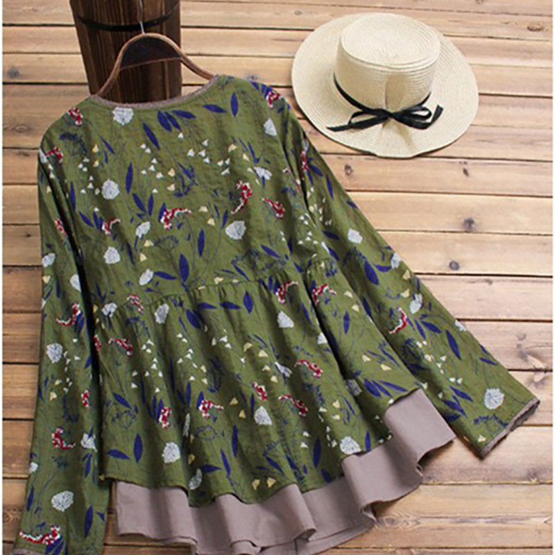 Cotton And Linen Casual And Comfortable Plus Size Women's Coat Loose False Two Pieces V-neck Floral Shirt