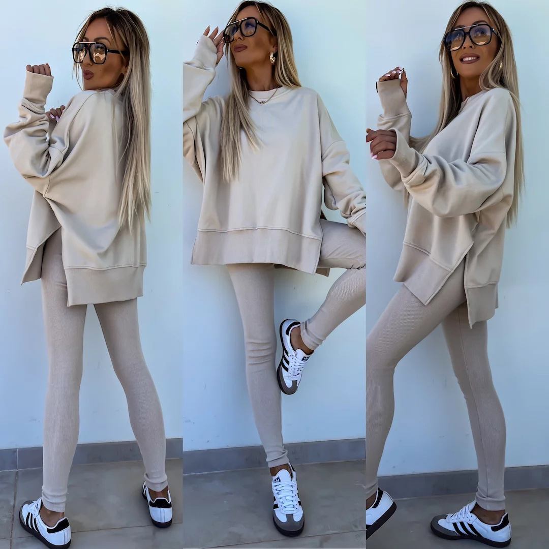 Casual Loose Sweater Suit with Tight Trousers. Product information: Color: apricot, red, khaki, pink, blue, purple, orange, green, black Sleeve type: regular sleeve Pants length: trousers Main fabric composition: Polyester (polyester fiber) Size: S,M,L,XL