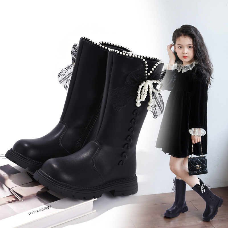 Autumn Winter Velvet Lined Children's High Top Lace Up Leather Boots