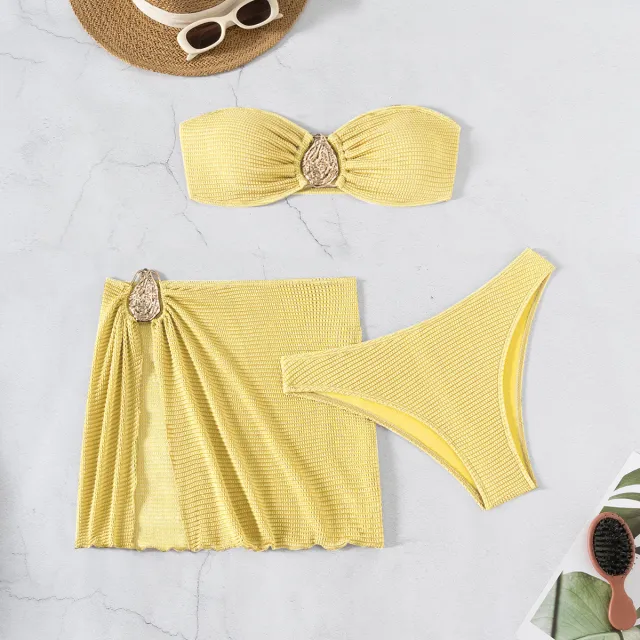 Hot Spring Vacation Beach Three piece Split Swimsuit Skirt Bikini For Women Yellow - Shop at LoveMi