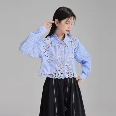 Autumn New Hollow Crocheted Shirt For Women - Blue - View 1