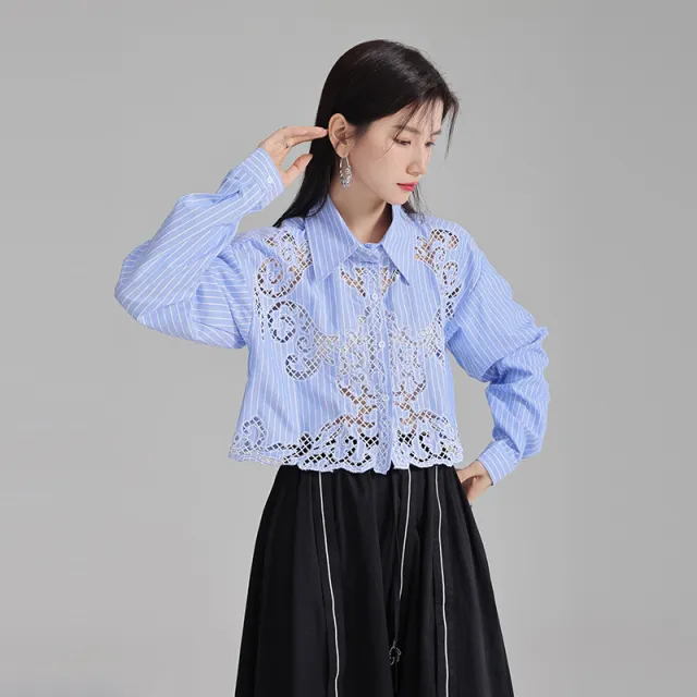 Autumn New Hollow Crocheted Shirt For Women Blue - Shop at LoveMi