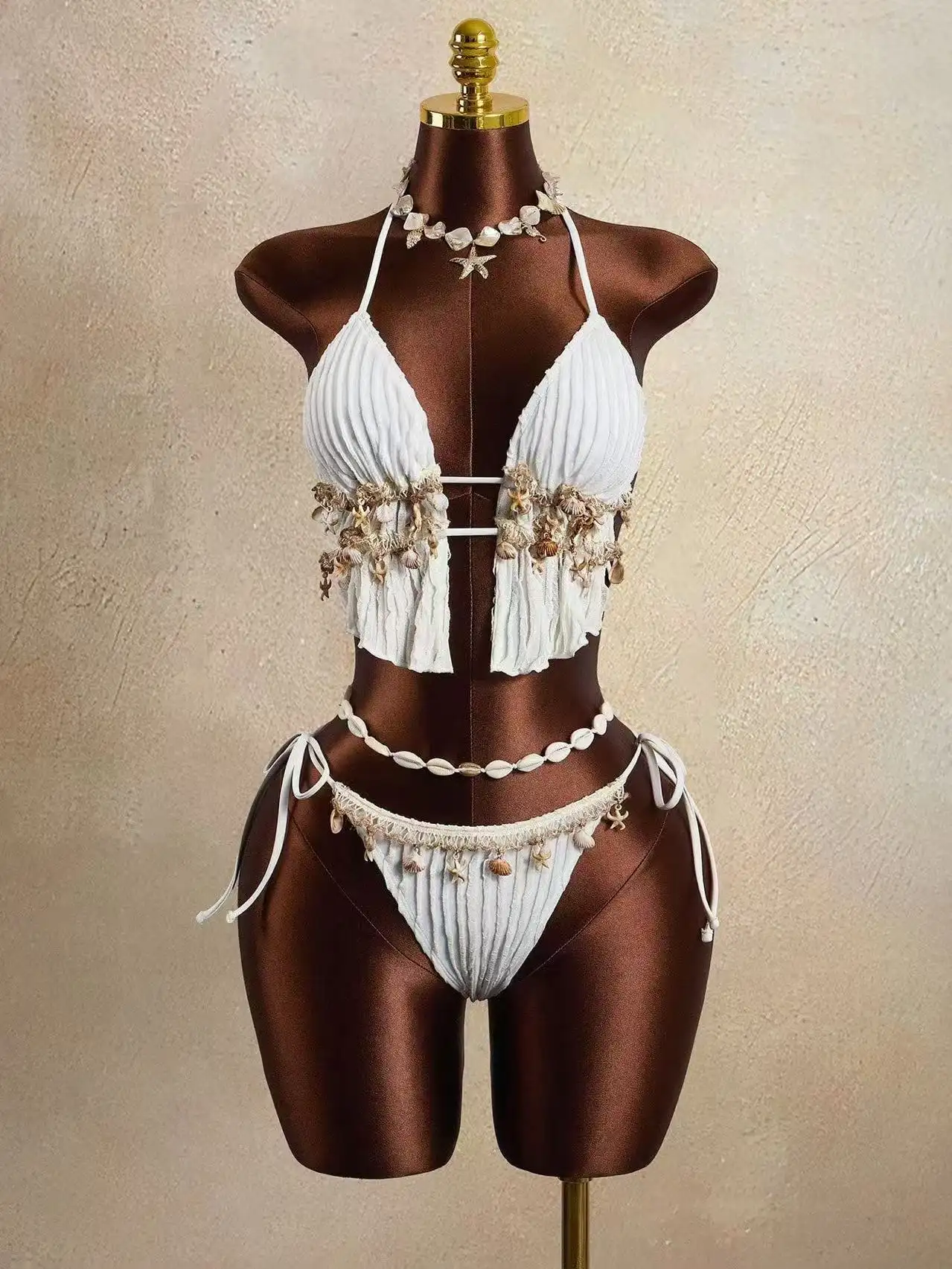 Sexy Halter Split Pleated Cutout Lace-up Bikini Swimsuit