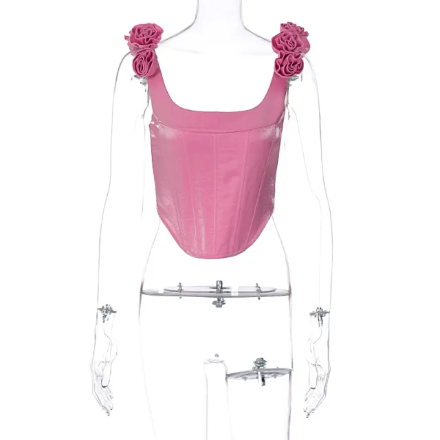 Women's Square Collar Fishbone Waist Slim Fit Slimming Spaghetti Straps Vest Pink - Shop at LoveMi