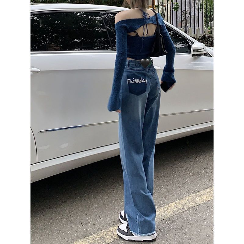 Pearl Straight Jeans High Waist Slim fit Wide leg Pants Women 6012 Blue - Shop at LoveMi