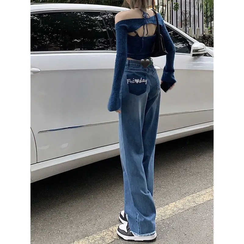 Pearl Straight Jeans High Waist Slim-fit Wide-leg Pants Women - 6012 Blue