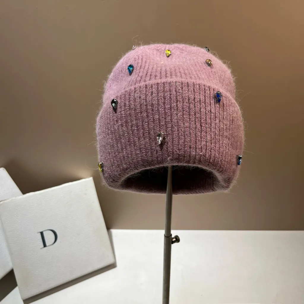 Colour Diamond Light Luxury Winter Rabbit Hair Knitted Hat Personality Colourful - Purple Leather