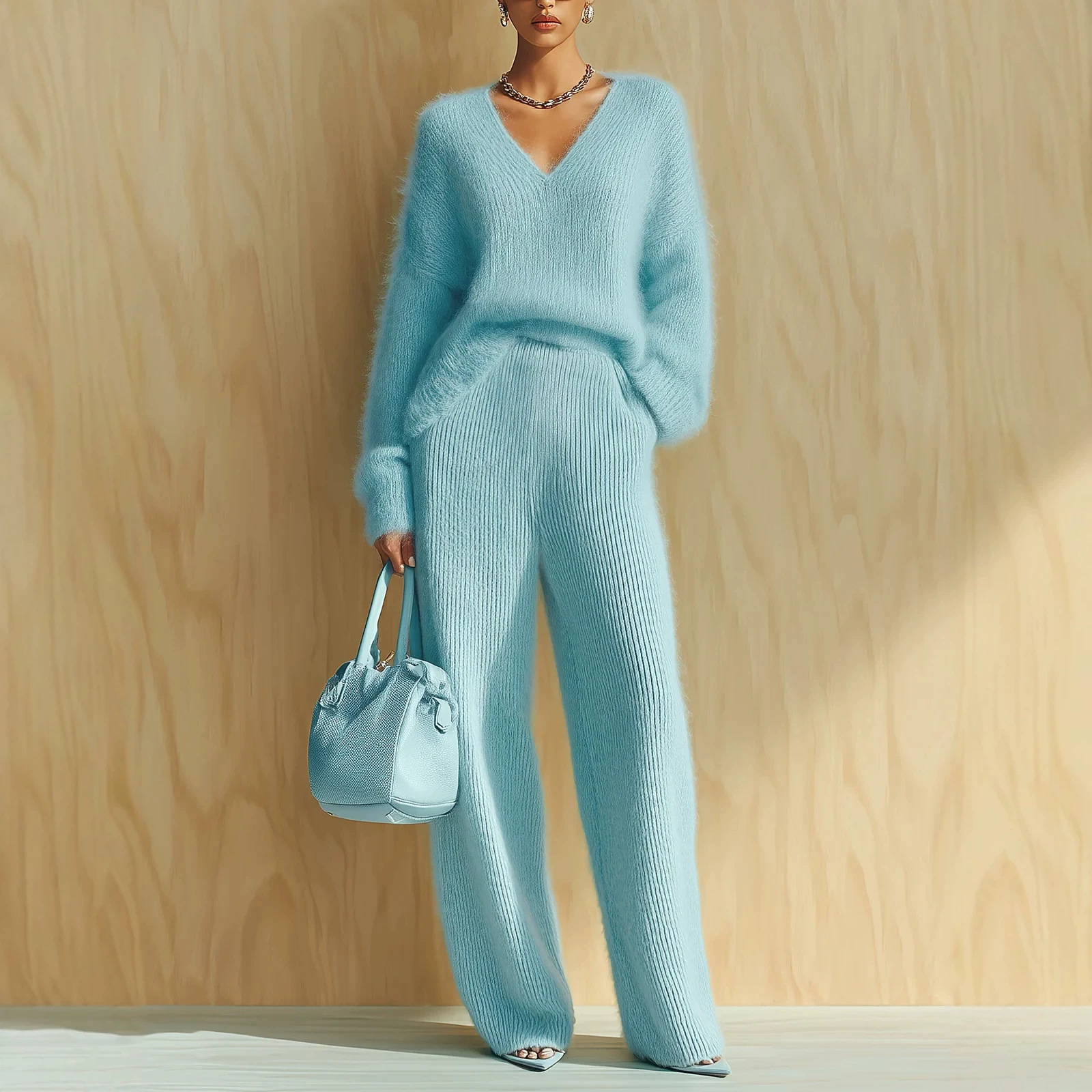 Women's Solid-color Knitted Top And Wide-leg Pants Set