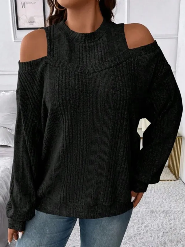 Casual Solid color Off shoulder Fashionable Loose fitting Long Sleeves Black - Shop at LoveMi