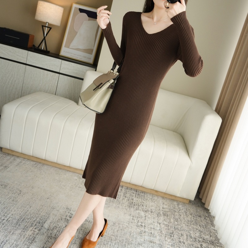 Long sleeve Knitwear Autumn And Winter New Versatile Slim fit V neck Long Tight Sweater Dress For Women Brown - Shop at LoveMi