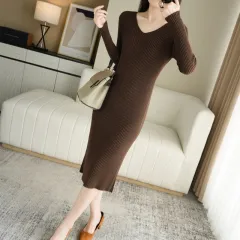 Long-sleeve Knitwear Autumn And Winter New Versatile Slim-fit V-neck Long Tight Sweater Dress For Women - Brown - View 1