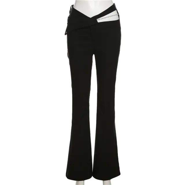 Hipster Street Hollow out Fashion High Waist Slimming Pearl Chain Casual Trousers Black - Shop at LoveMi