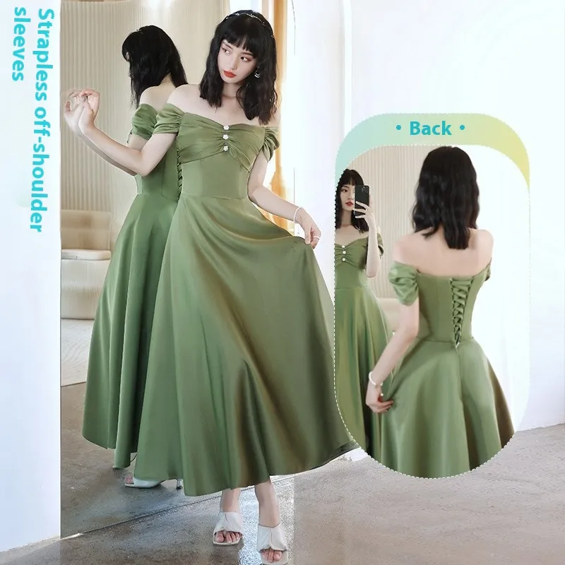 Avocado Green Sisters Group Dress Skirt Women Satin Spring - D Style Green