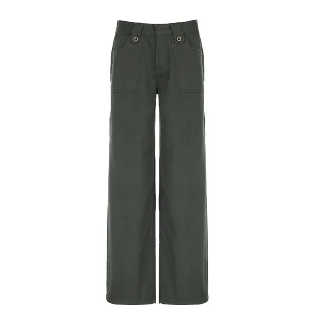 American Street Pocket High Waist Work Clothes Straight leg Pants Women Army Green - Shop at LoveMi