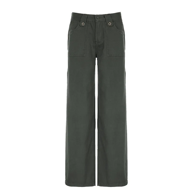American Street Pocket High Waist Work Clothes Straight-leg Pants Women - Army Green