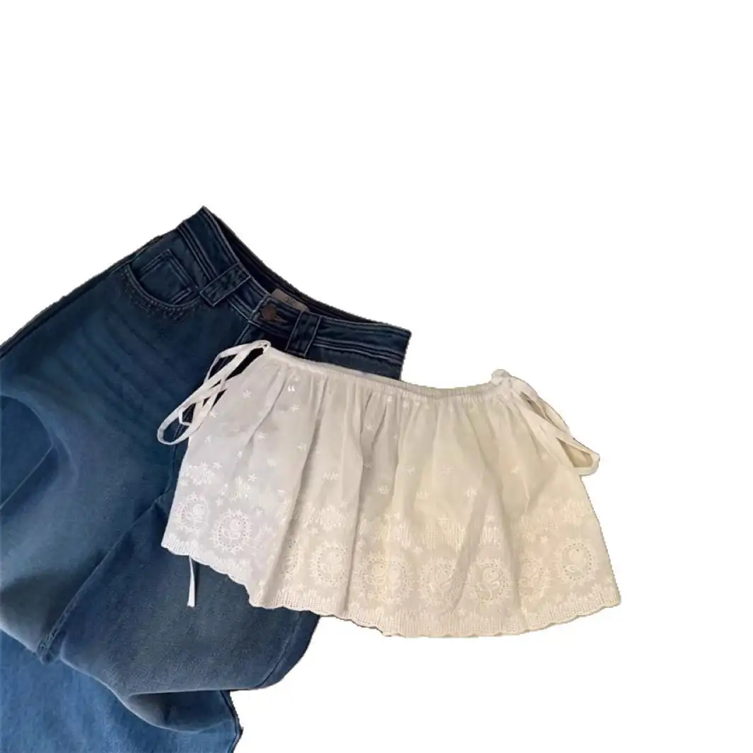 Pure Cotton Lace Trim Hip Cover Womens Layered Winter One-Piece Lace-Up Skirt