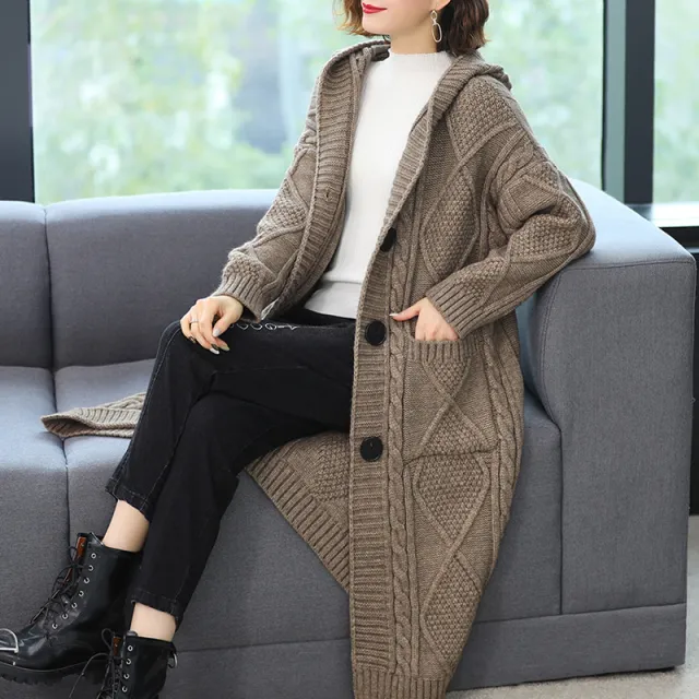 Coat Long Fashion Temperament Coarse Yarn Twist Slim fit Knitted Cardigan Brown - Shop at LoveMi