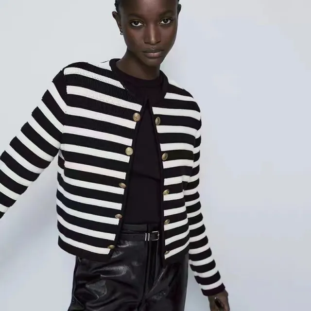 Buckle Striped Classic Style Knitted Cardigan Sweater Short Coat Black Stripes - Shop at LoveMi