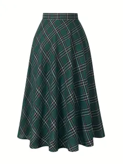 Women's High Waist Casual Loose Plaid Midi Dress - Green - View 1