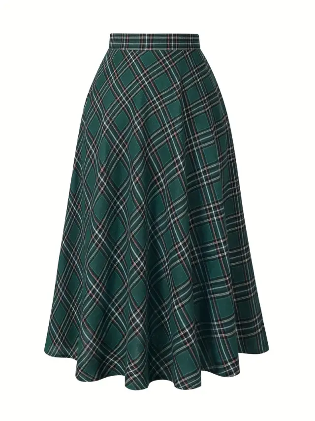 Women's High Waist Casual Loose Plaid Midi Dress Green - Shop at LoveMi