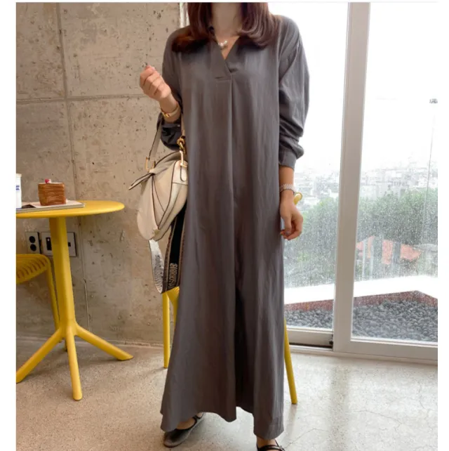 New Solid color Turn down CollarCotton linen Long sleeve Dark Gray - Shop at LoveMi