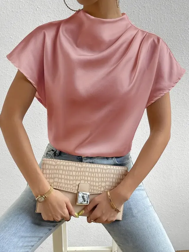 European And American Round Neck Solid Color Temperament Folding Loose Women's Tops Pink - Shop at LoveMi