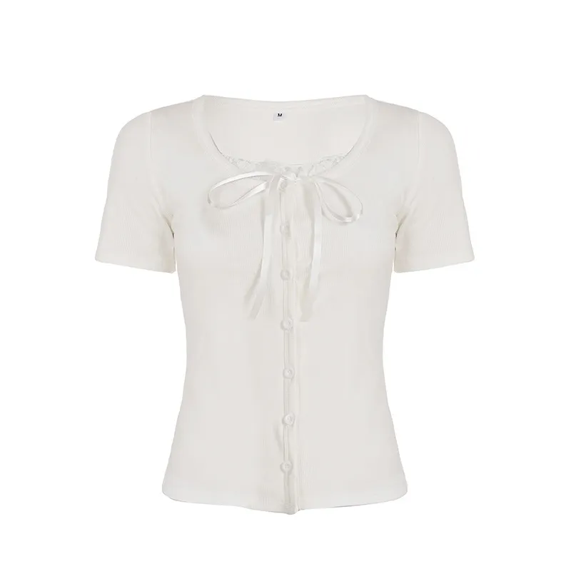 Pure Girl Lace Stitching Tied Square Collar Short Sleeve T-shirt - White