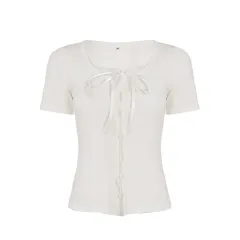Pure Girl Lace Stitching Tied Square Collar Short Sleeve T-shirt - White - View 1