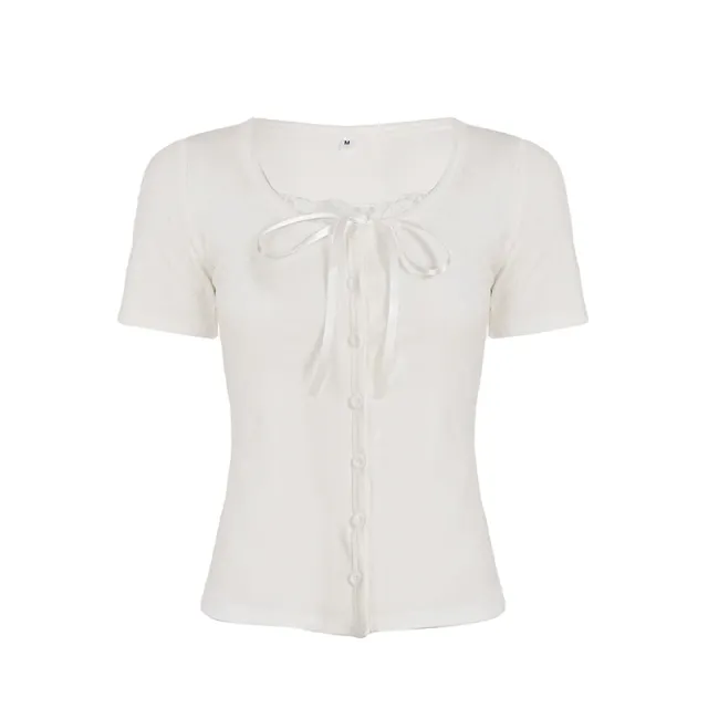 Pure Girl Lace Stitching Tied Square Collar Short Sleeve T shirt White - Shop at LoveMi