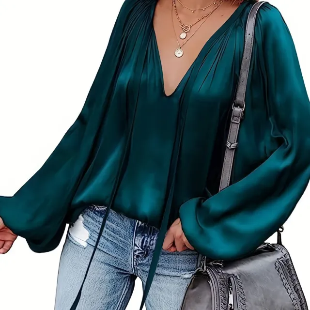 Women's Satin V neck Long Sleeve Shirt Leisure Bloomers Emerald Green - Shop at LoveMi