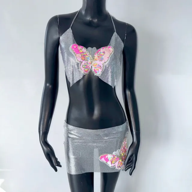 Tube Top Short Skirt Metal Sequins Two piece Sling Silver - Shop at LoveMi