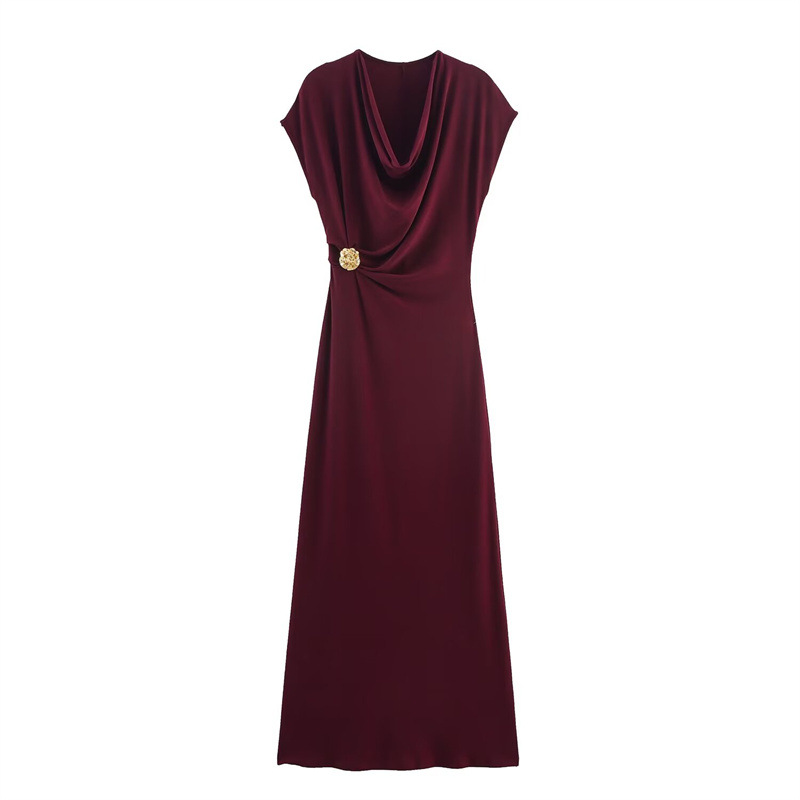 Fashion Metal Decorated Pleated Dress For Women Wine - Shop at LoveMi