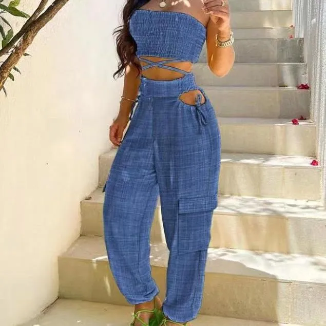 Trendy Chest wrapped Lace up Overalls Pocket Denim Blue - Shop at LoveMi