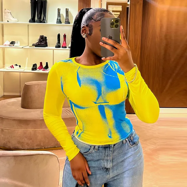 Personality Hipster Street Shot 3D Digital Printing Slim Top Yellow - Shop at LoveMi
