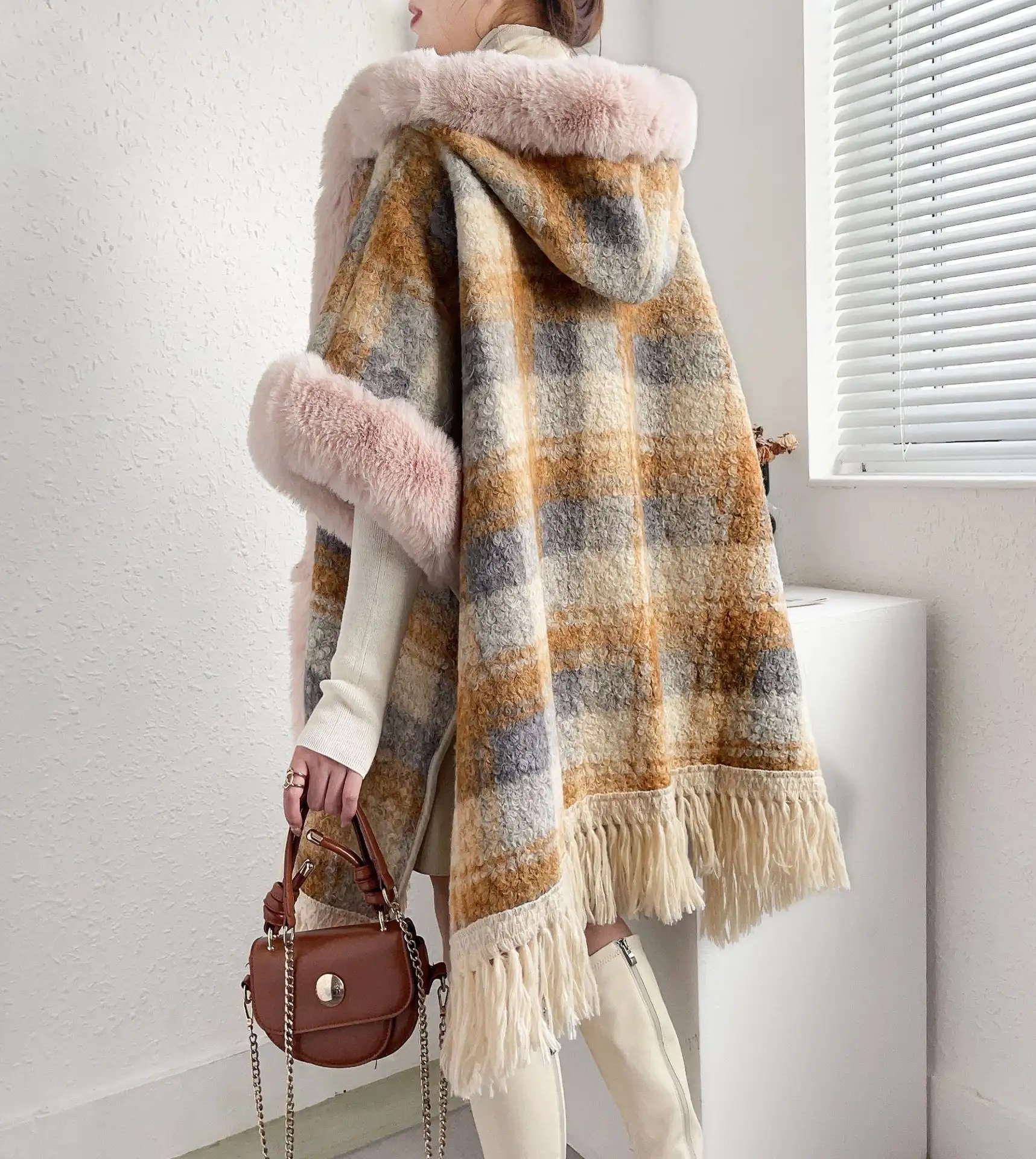 Women's Fleece Lined Padded Warm Keeping Mid-length Tassel Cape And Shawl